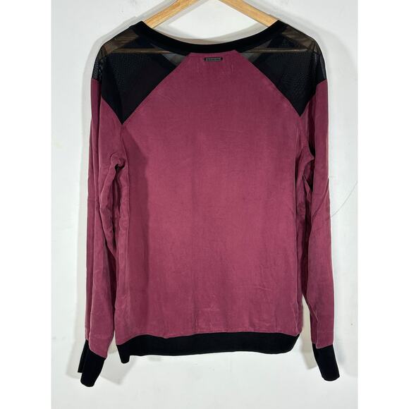 BLANC NOIR Cupro Mesh Shoulder Long Sleeve Top Woman’s Medium‎ Burgundy edgy - Picture 8 of 9